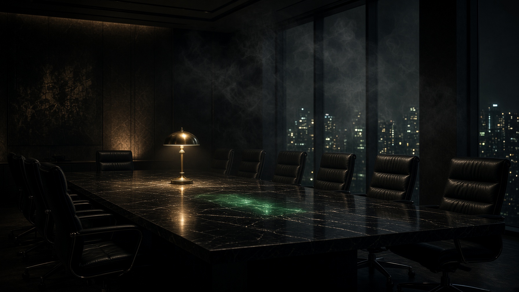 An empty night boardroom: a long black table, leather chairs, and one gold lamp.